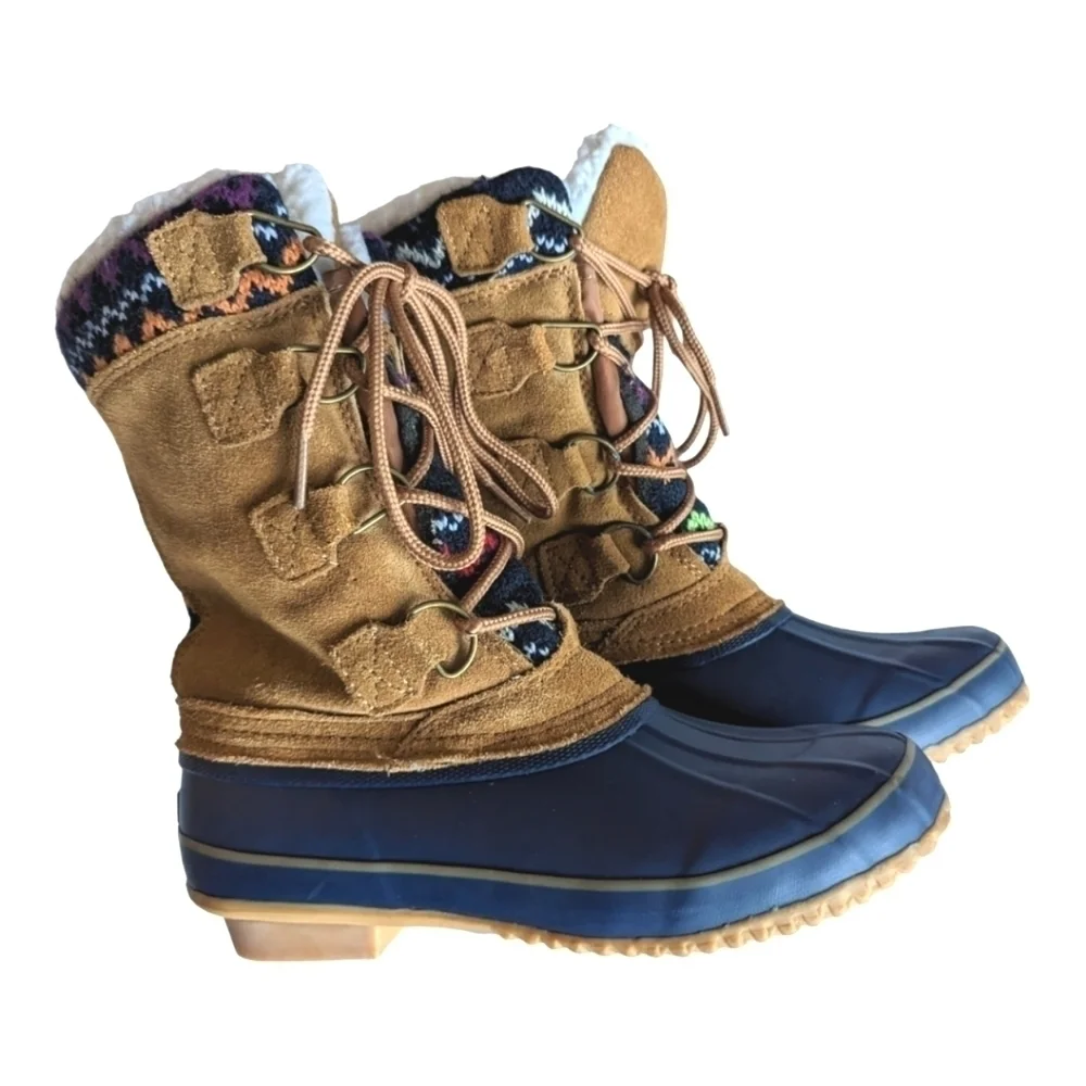 Khombu Vail Women's Blue Rubber Tan Suede Snow Duck Boots Colorful Knit Accent 6